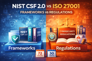 NIST CSF 2.0 vs ISO 27001 comparison illustrating cybersecurity frameworks versus regulations with icons, books, shield, and legal symbols.