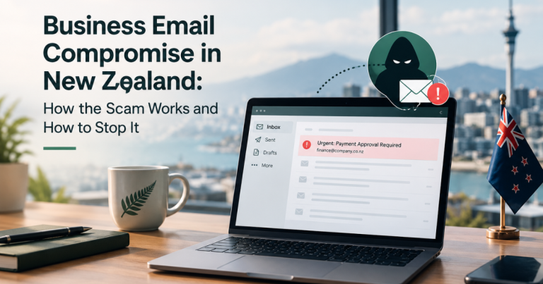 Business email compromise scam on a laptop in New Zealand.