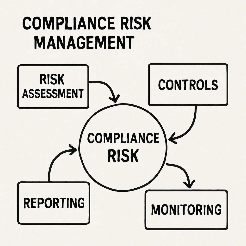 Compliance risk management process showing risk assessment, internal controls, compliance monitoring, and regulatory compliance